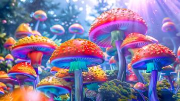 ai généré enchanté forêt champignons avec magique lueur photo
