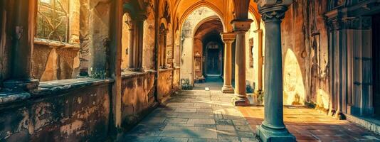 ai généré enchanteur ensoleillé cloître dans européen monastère photo