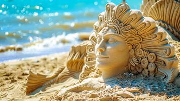 ai généré artistique le sable sculpture de mythique femme par le mer photo