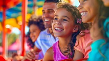 ai généré famille profiter carrousel balade à amusement parc photo