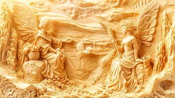 ai généré gravé mythique scène avec anges dans le sable photo