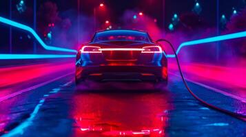 ai généré futuriste électrique voiture mise en charge à nuit photo