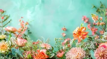 ai généré pastel floral bannière sur turquoise Contexte photo