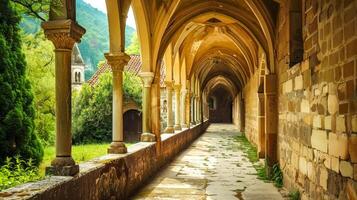 ai généré serein monastère cloître dans luxuriant vallée photo