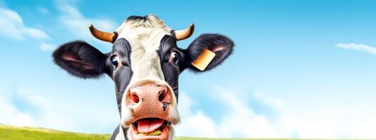 ai généré content vache sur pâturage contre bleu ciel photo