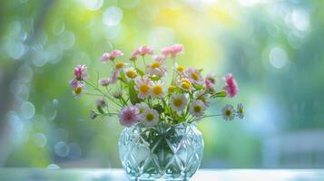 ai généré bouquet de fleurs sauvages dans verre vase. printemps Contexte. photo