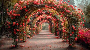 ai généré serein sentier flanqué par rose fleurs photo