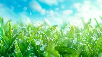 ai généré Frais rosée sur vert herbe en dessous de bleu ciel photo