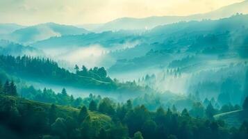 ai généré couches de collines enveloppé dans Matin brouillard avec une boisé paysage photo