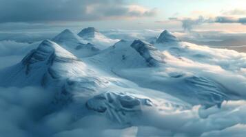 ai généré couvert de neige Montagne en dessous de nuageux ciel photo