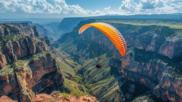 ai généré la personne parapente plus de canyon dans le montagnes photo