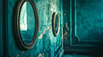 ai généré ancien ovale miroirs sur une affligé turquoise mur photo
