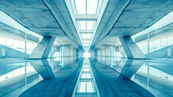 ai généré symétrique vue de une moderne architectural couloir avec une cool bleu Ton photo