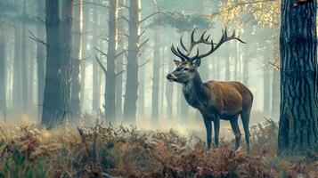 ai généré majestueux cerf dans brumeux forêt Aube photo