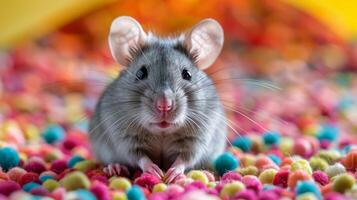 ai généré Souris séance sur Haut de pile de bonbons photo