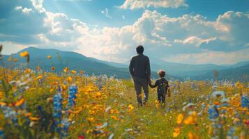 ai généré homme et enfant en marchant par champ de fleurs photo