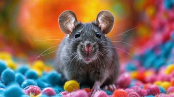 ai généré Souris séance sur Haut de pile de bonbons photo