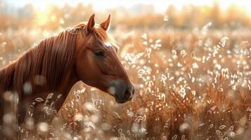 ai généré cheval fonctionnement par champ de feuilles photo