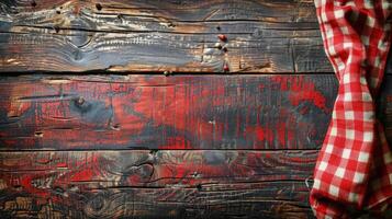 ai généré rouge et blanc à carreaux serviette de table sur en bois surface photo