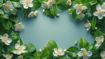 ai généré bleu Contexte avec blanc fleurs et vert feuilles photo