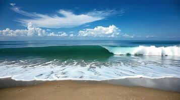 ai généré sablonneux plage avec vagues roulant sur rive photo