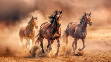 ai généré majestueux les chevaux galopant dans poussiéreux terrain photo
