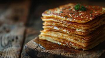 ai généré empiler de Crêpes sur en bois Coupe planche photo