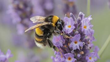 ai généré abeille alimentation sur violet fleur photo