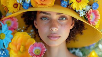 ai généré femme avec paille chapeau et fleur couronne photo