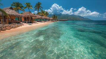 ai généré tropical plage avec paume des arbres et chaume huttes photo