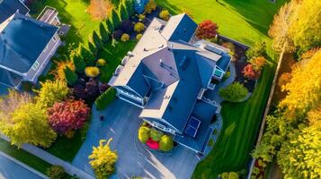 ai généré aérien vue de de banlieue luxe maison dans l'automne photo