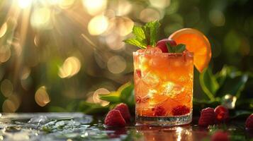 ai généré rafraîchissant verre de la glace thé avec framboises et menthe photo