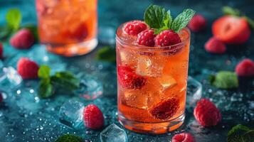 ai généré rafraîchissant verre de la glace thé avec framboises et menthe photo