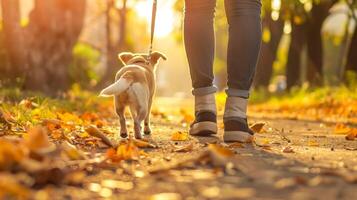 ai généré l'automne promenade avec animal de compagnie chien à le coucher du soleil photo