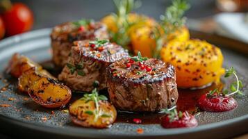 ai généré assiette de nourriture avec Viande et des légumes photo