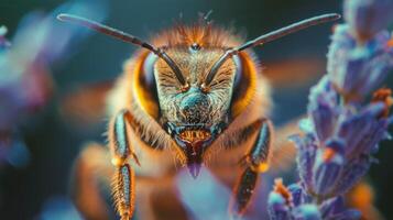 ai généré abeille rassemblement nectar sur fleur photo