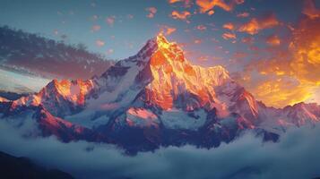 ai généré Montagne couvert dans des nuages en dessous de nuageux ciel photo