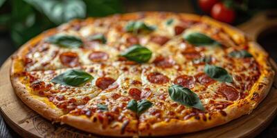 ai généré proche en haut de une Pizza sur une table photo