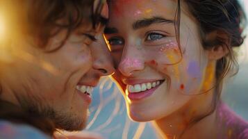 ai généré homme et femme couvert dans coloré poudre photo