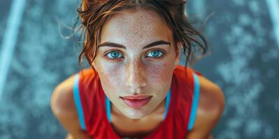 ai généré femme avec taches de rousseur cheveux et bleu yeux photo