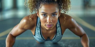 ai généré femme Faire pousser UPS sur Gym sol photo