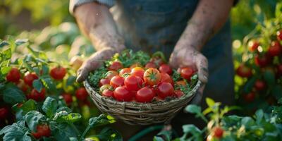 ai généré homme en portant panier de tomates dans jardin photo