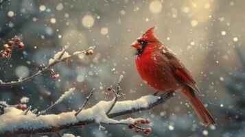 ai généré rouge oiseau perché sur couvert de neige arbre branche photo