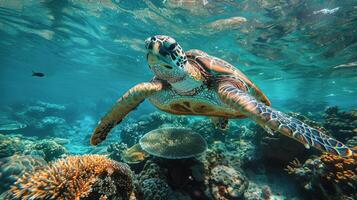 ai généré vert tortue nager plus de corail récif photo