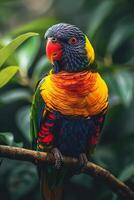 ai généré coloré oiseau perché sur arbre branche photo