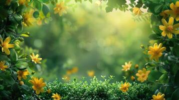 ai généré Soleil brille par des arbres et fleurs photo