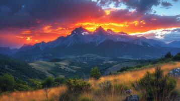 ai généré majestueux Montagne intervalle silhouette par réglage Soleil photo