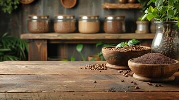 ai généré en bois table avec nourriture boules photo