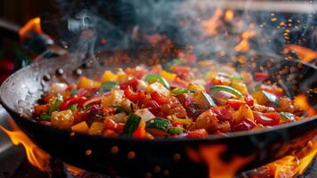 ai généré une grésillant la poêle de coloré sauté des légumes avec flammes lécher le bords photo