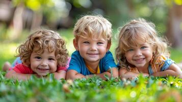 ai généré Trois Jeune les enfants pose dans herbe photo